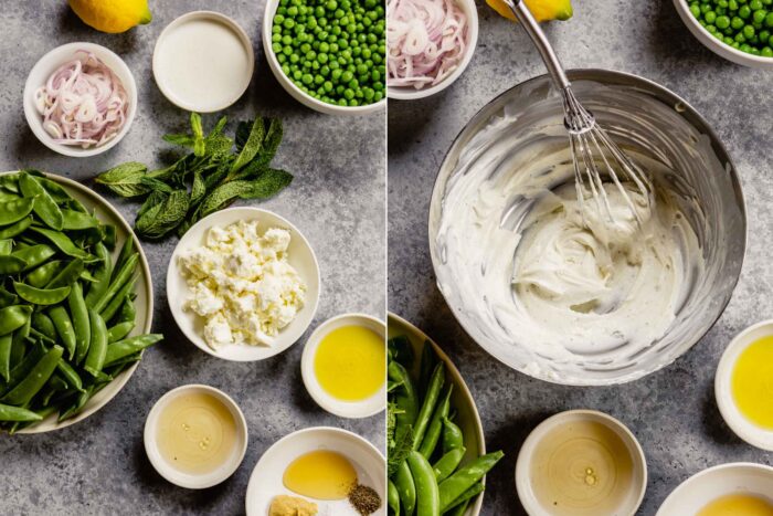 two images next to each other. the left featuring snow peas, snap peas, sweet peas, oil, vinegar, dijon, salt, pepper, mint and shallot arranged on a gray table. the right featuring white goat cheese whipped in a bowl with a whisk