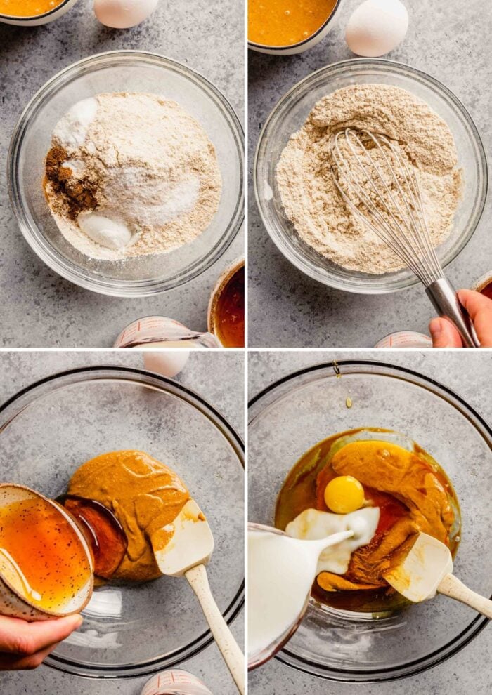 grid of images showing how to whisk together dry ingredients and wet ingredients for quick bread