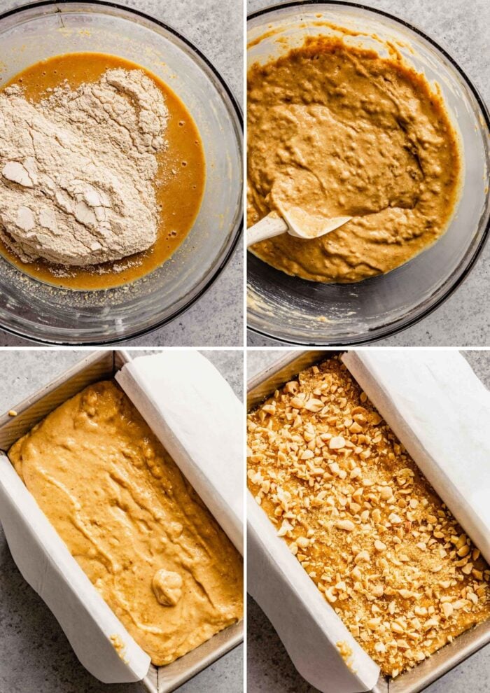 grid of images showing how to make a quick bread batter