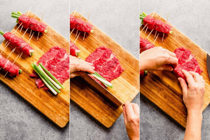 three images next to each other showing how to roll thin slices of steak around scallions