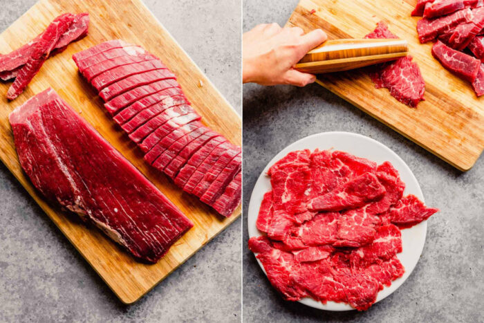 two images side by side showing how to thinly slice and pound slices of flank steak