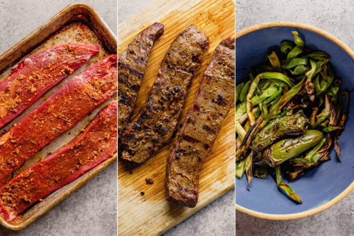 grid of three images showing raw steak rubbed with a chipotle rub, grilled steak and charred jalapeno and scallions
