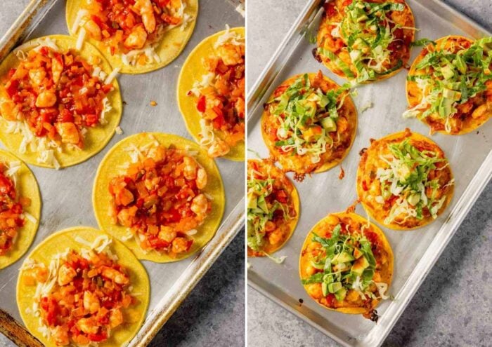 grid of two images showing how to assemble tacos gobernador. Tortillas topped with cheese and tomato mixture uncooked and cooked topped with lettuce and avocado