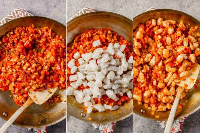 grid of three images showing cooked tomato sauce, tomato sauce with raw shrimp added and with raw shrimp mixed in