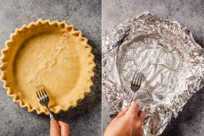 two images showing a fork pricking pie dough and foil lining pie dough