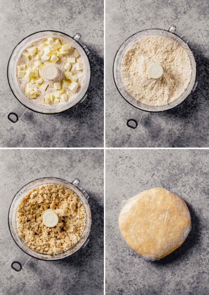 4 images showing how to make pie crust in a food processor