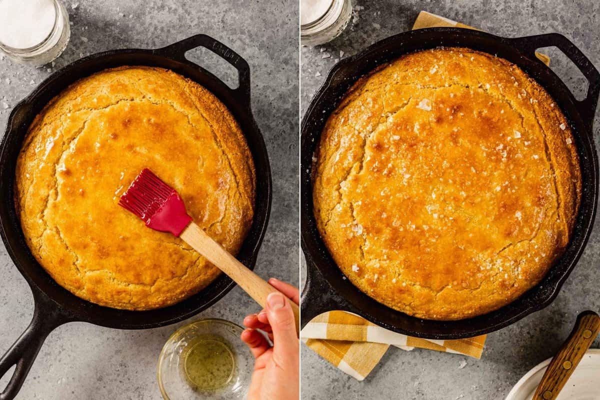 a grid of two images showing how to brush honey over cornbread and top with flaky sea salt