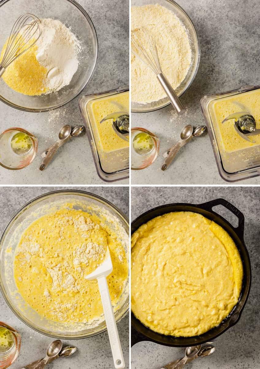 Grid of four images showing how to mix up cornbread batter