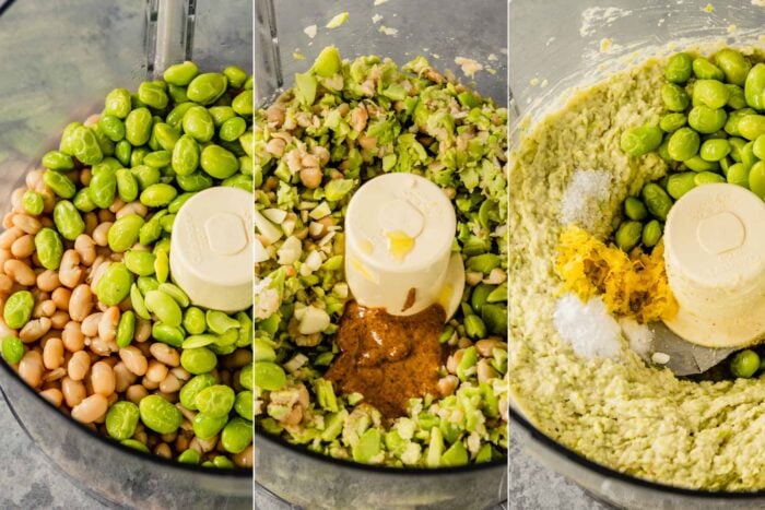 grid of three images showing edamame and beans in a food processor, chopped edamame in a food processor and blended hummus in a food processor with lemon zest and salt added