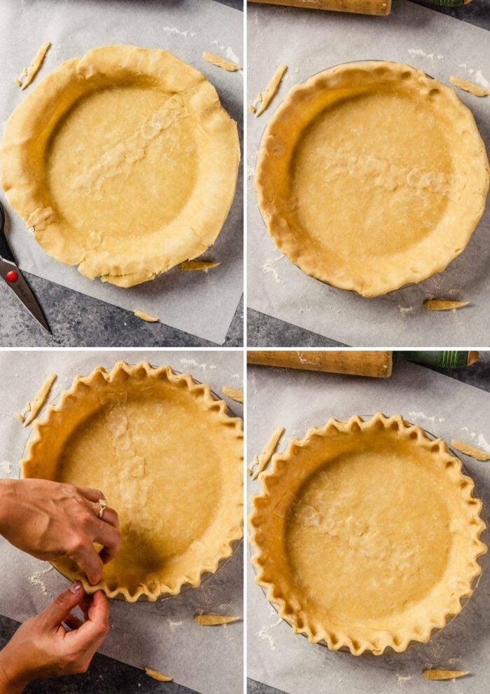 four images showing how to crimp the edges of pie dough