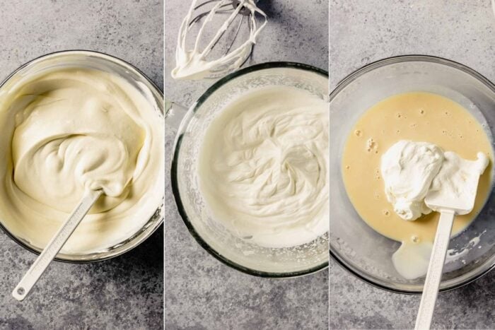 three images showing how to mix together sweetened condensed milk and extract, what stiff peaks in whipped cream look like, and adding whipped cream to sweetened condensed milk