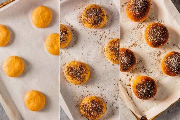 grid of three images showing sweet potato dough rolls into balls and set on a baking sheet, a second image with dough balls topped with seasoning, and a third image of them baked