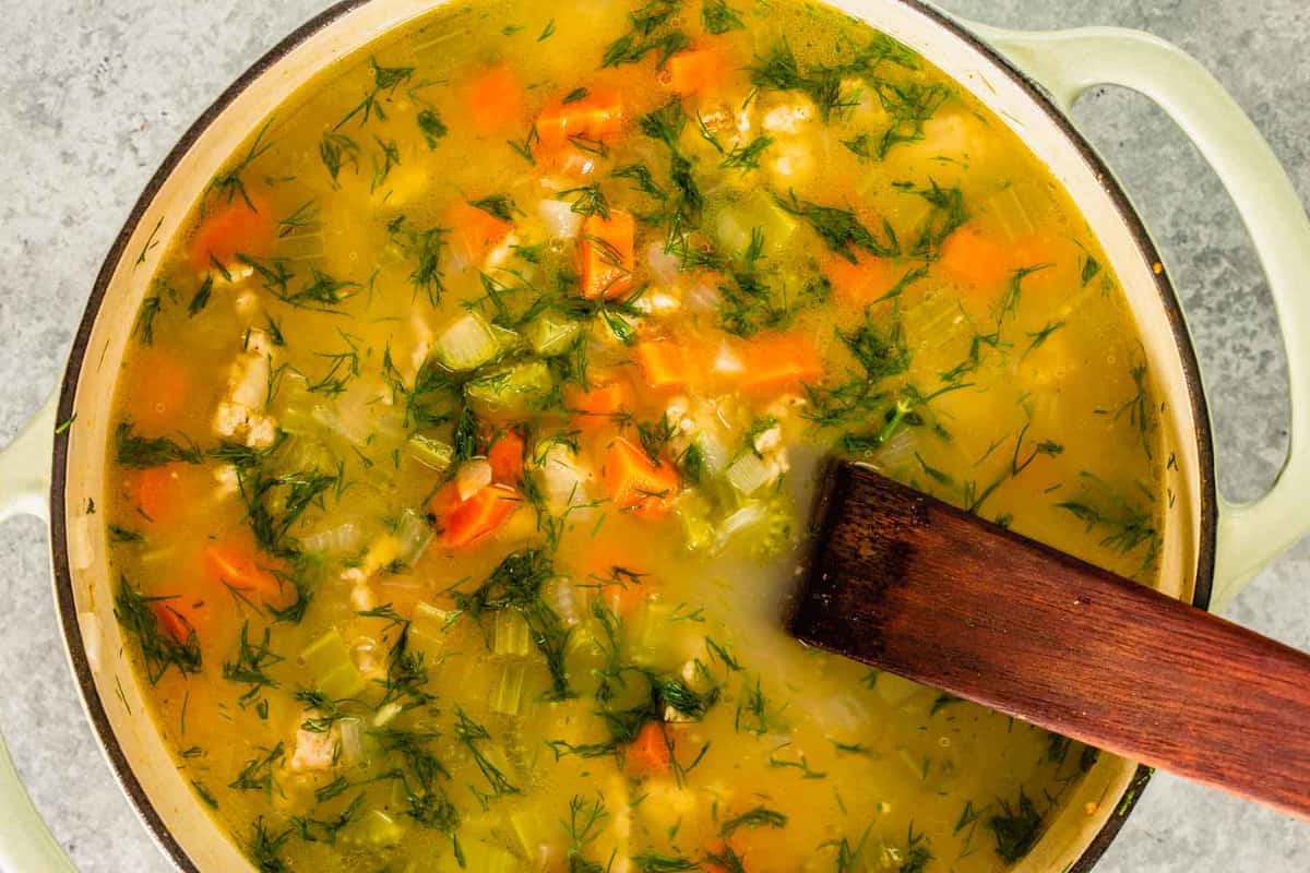 chicken vegetable soup in a large pot