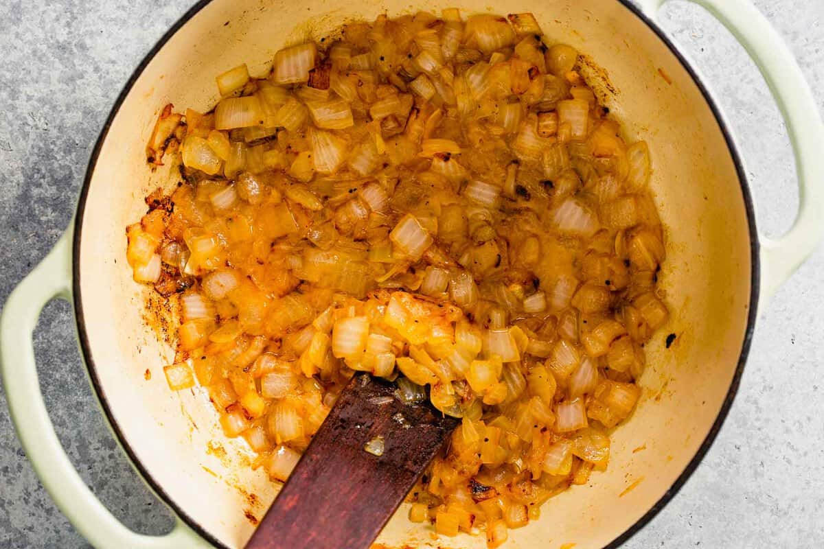 cooked diced onions in a large pot