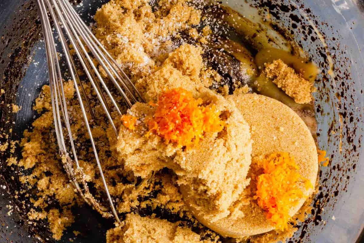 brown sugar and orange zest in a bowl with browned butter