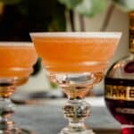 orange-pink drink in a coupe glass with chambord and plants in the background
