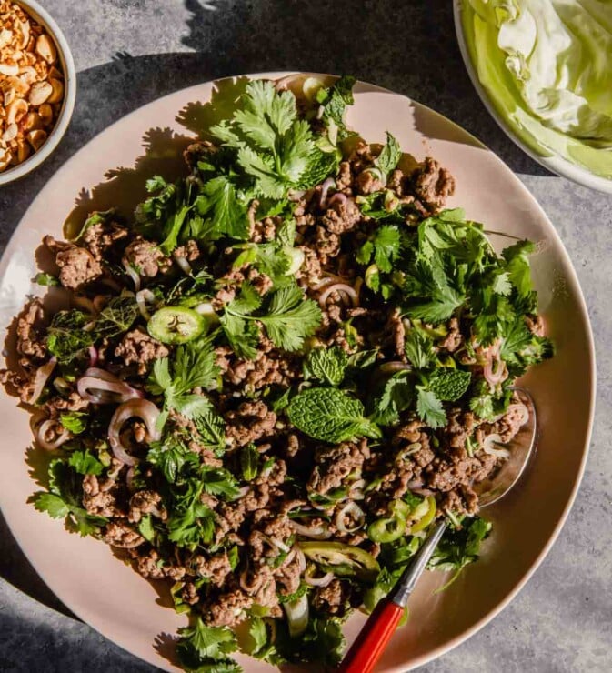 ground beef and herb salad on a pink plate with a spoon set on it.