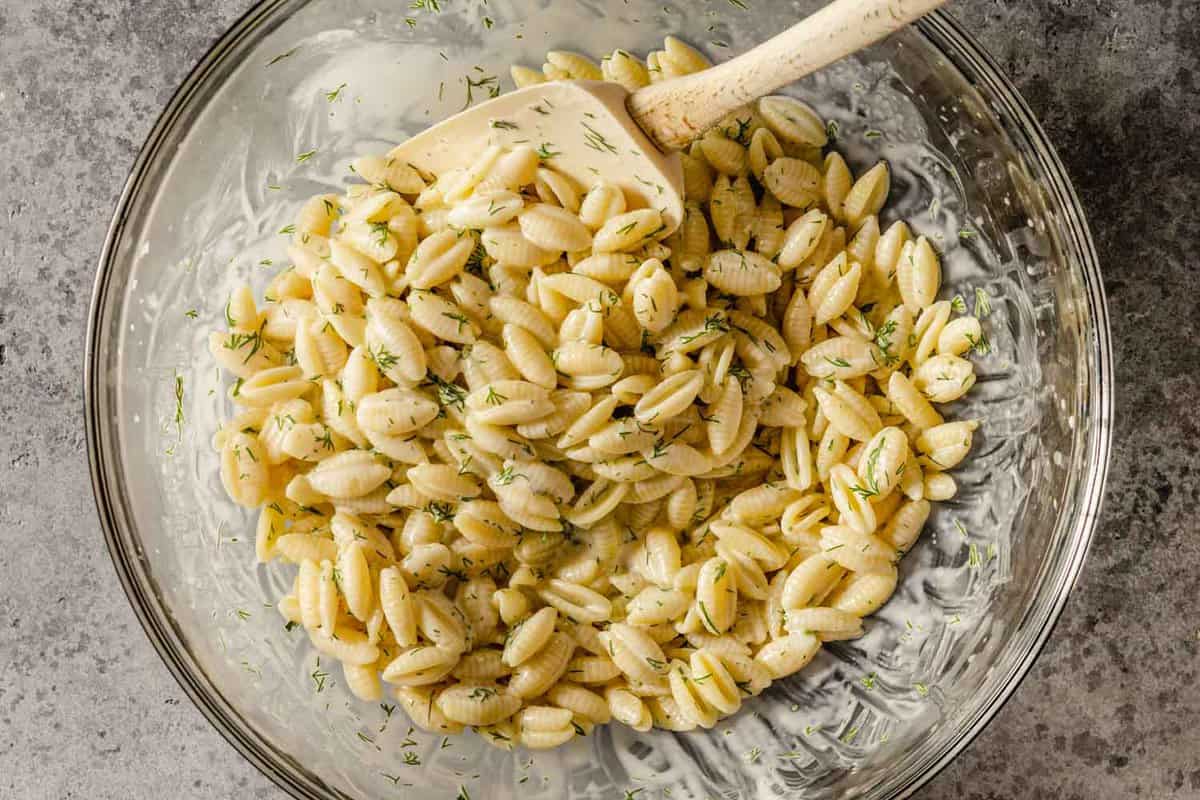 cooked pasta tossed with a creamy dressing and fresh dill