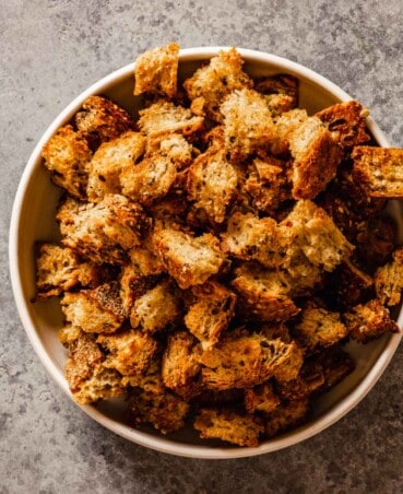 croutons in a shallow white bowl