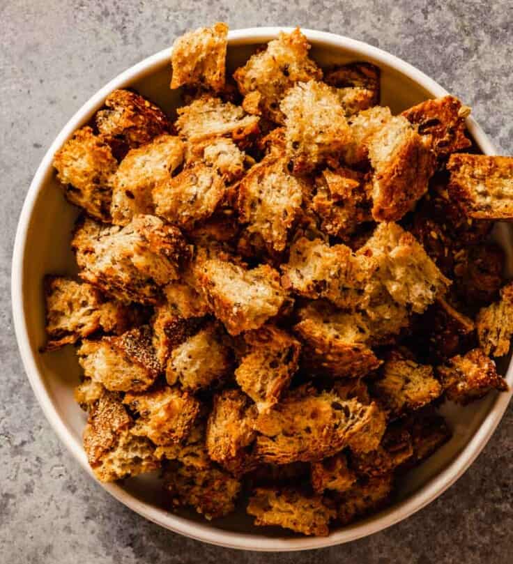 croutons in a shallow white bowl