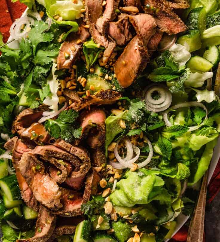 thin slices of steak on a bed of lettuce with herbs, sliced shallots and cucumber chunks.