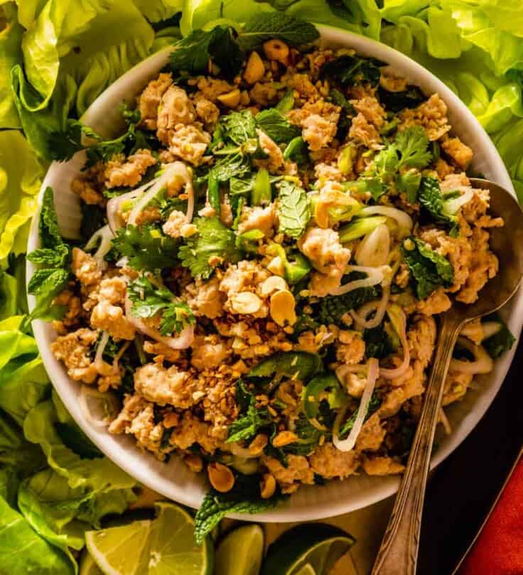 a shallow white bowl filled with ground chicken and herbs set on a platter with lettuce, rice, peanuts, and herbs