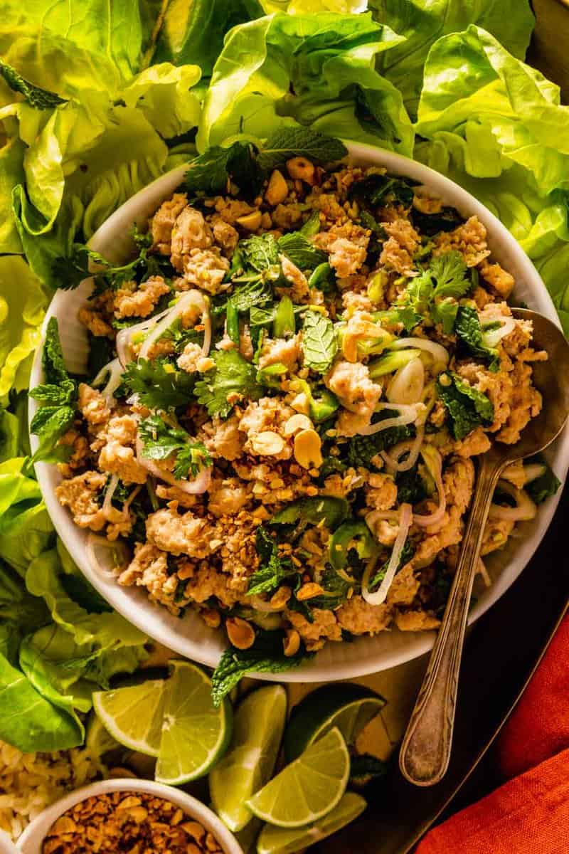 a shallow white bowl filled with ground chicken and herbs set on a platter with lettuce, rice, peanuts, and herbs
