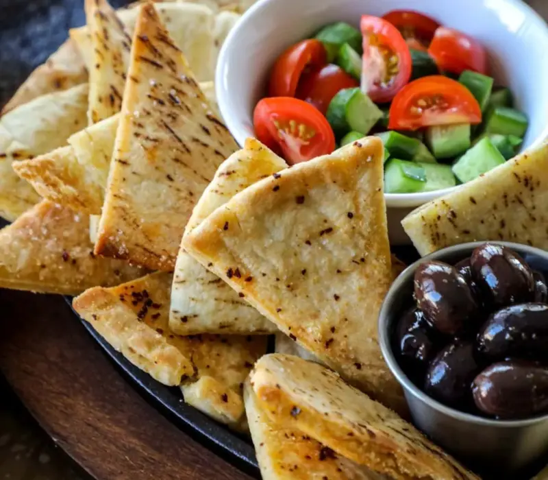 pita chips on a wood platter with bowls of olives and tomatoes set around it