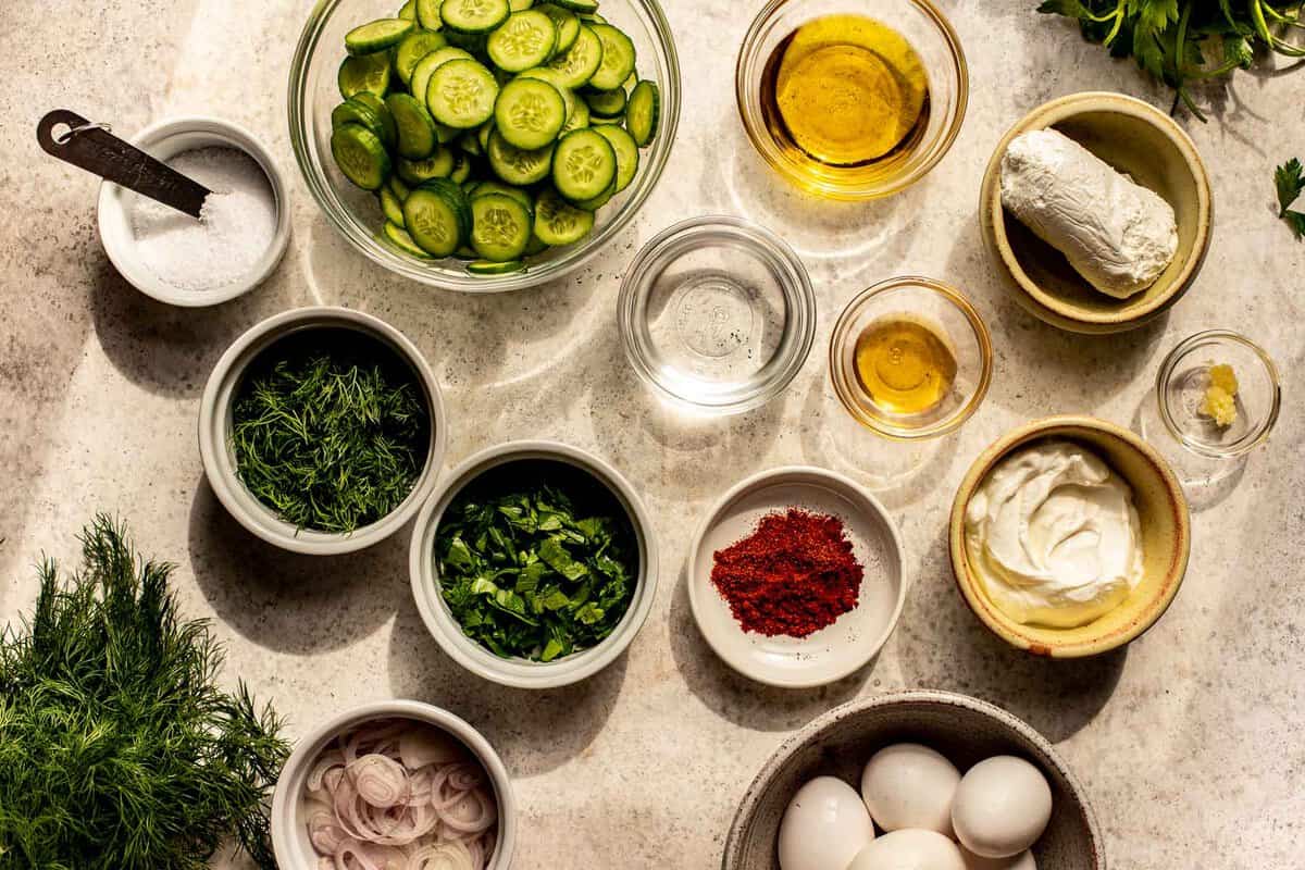 sliced cucumbers, herbs, chile pepper, oil, eggs, yogurt, cheese and shallots arranged on a counter 