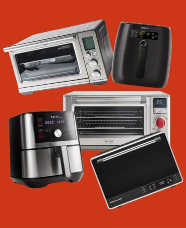 airfryers and convection ovens on an orange background
