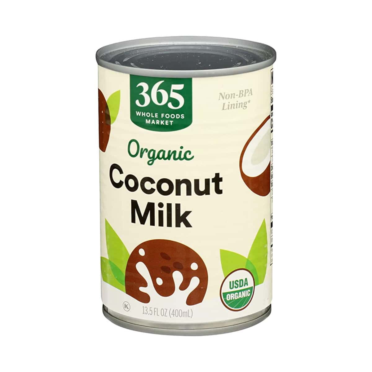 can of coconut milk on white background