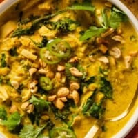 curry lentil soup with chicken in a shallow white bowl topped with cilantro and peanuts