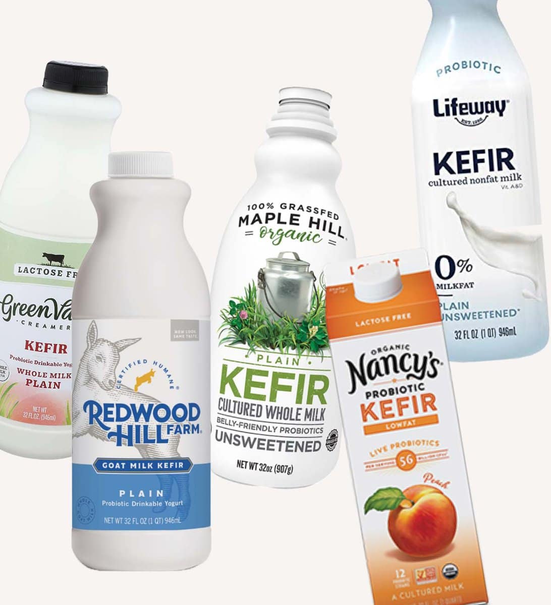 five bottles of kefir on a white background