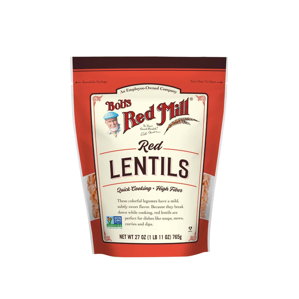 bag of red lentils on on white background