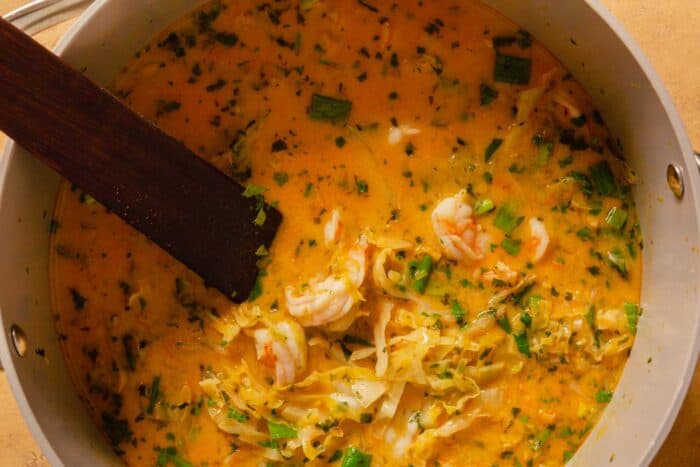 creamy shrimp soup in a pot
