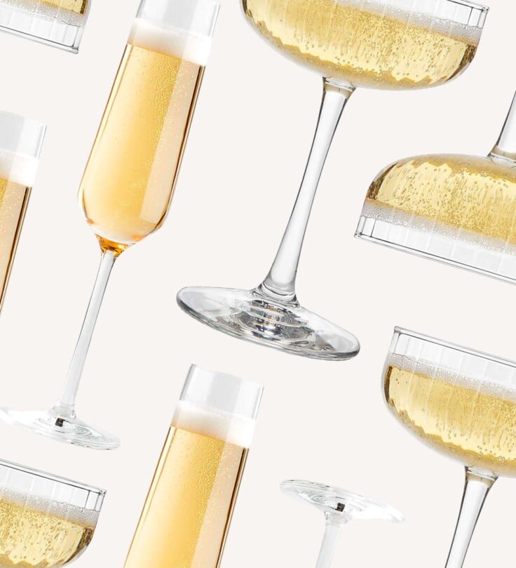 champagne flutes and coupes on a cream colored background