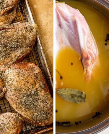 gallery of two images showing a turkey being submerged in a wet brine and turkey pieces coated in a dry brine