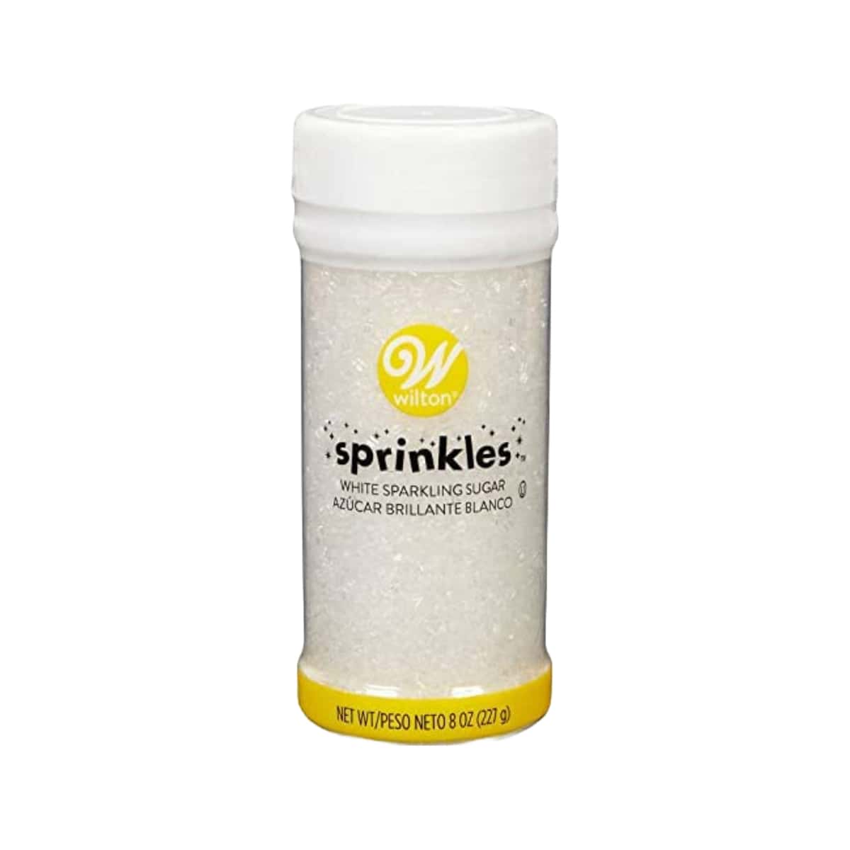 bottle of clear sprinkles on a white background