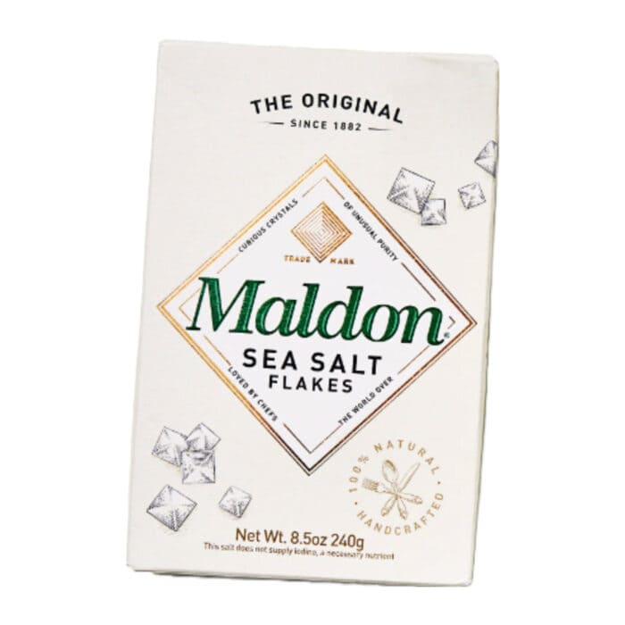 box of maldon salt on a white background