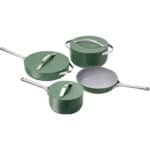 green nonstick skillets and pans on a white background