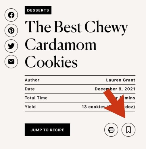 red arrow pointing to save flag on recipe post