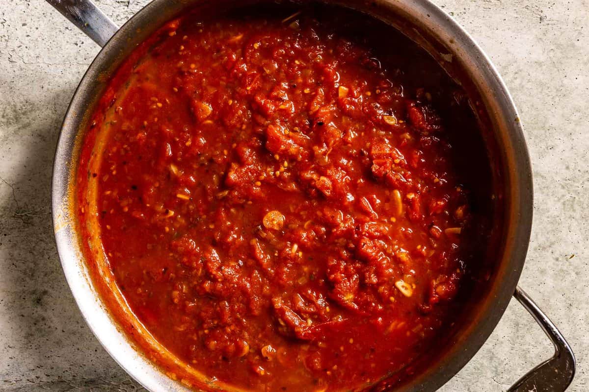 spicy tomato sauce in a sauté pan