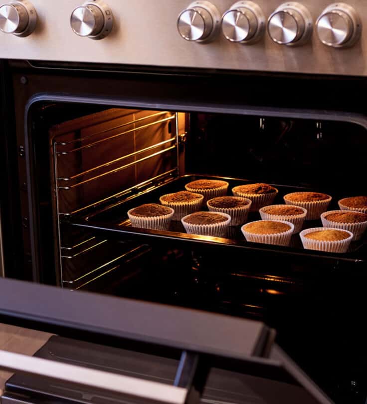 oven with door open showing cupcakes baking