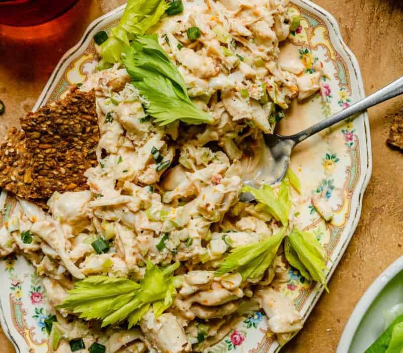 creamy crab salad on an oval colorful plate with a spoon, crackers and celery leaves on top