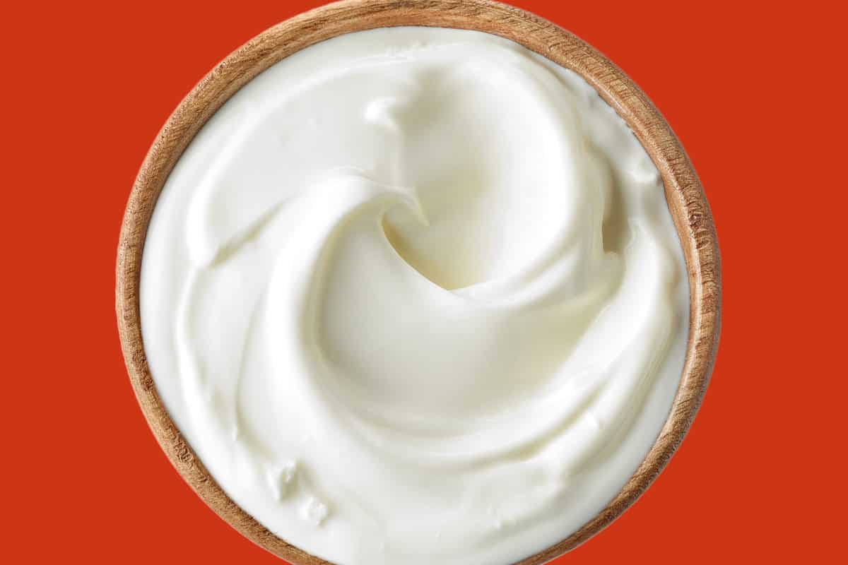 bowl of sour cream set on an orange background