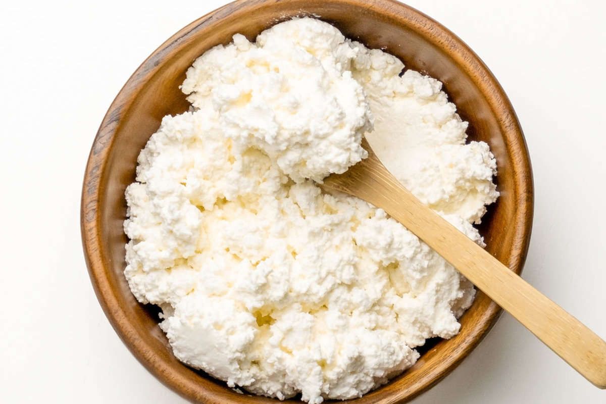 ricotta cheese in a wooden bowl