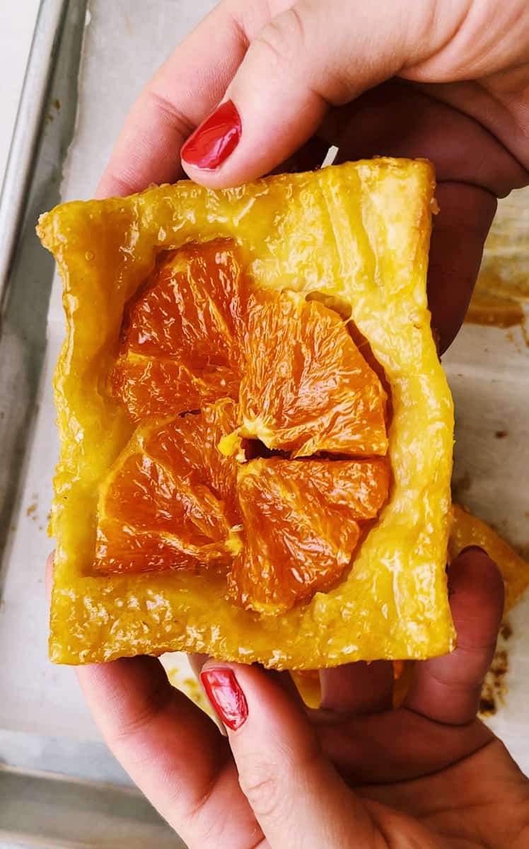 roasted orange wedges in a puff pastry
