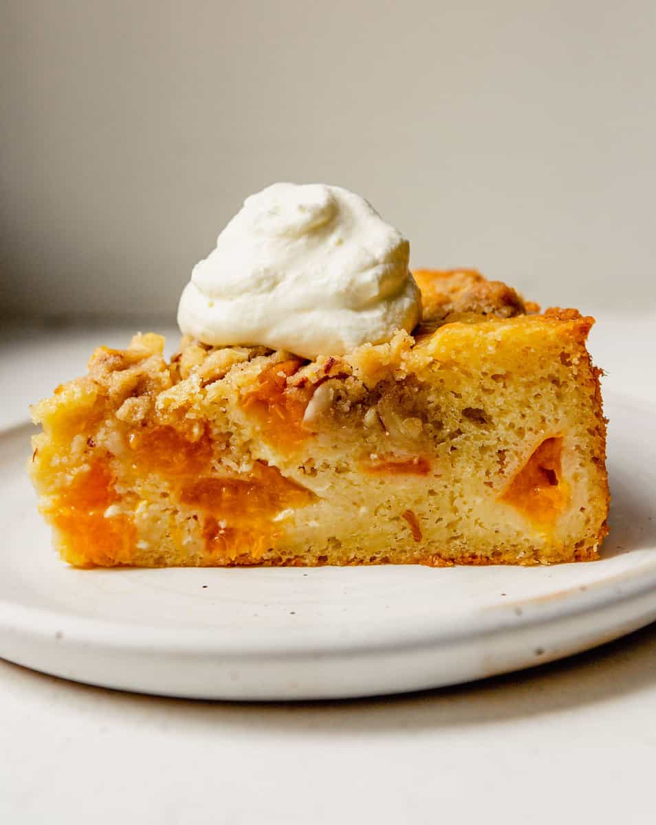 slice of cake with apricots baked into the cake and topped with a dollop of whipped cream, set on a small white plate
