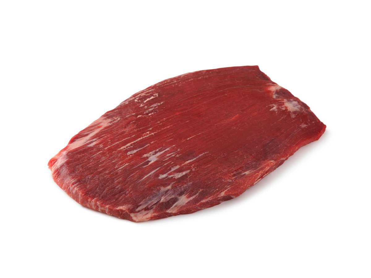 raw flank steak on a white background.