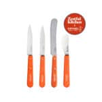 four orange-handled knives on a white background